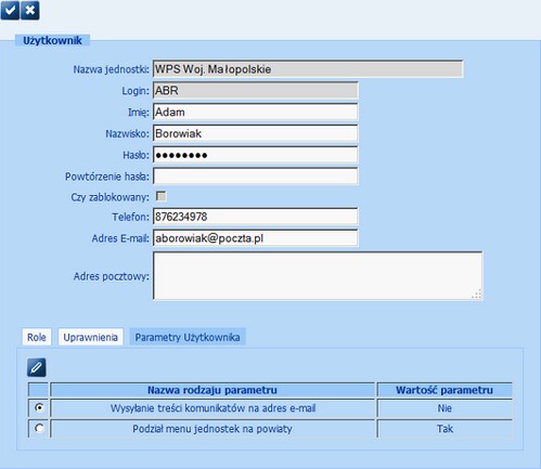 parametry uzytkownika